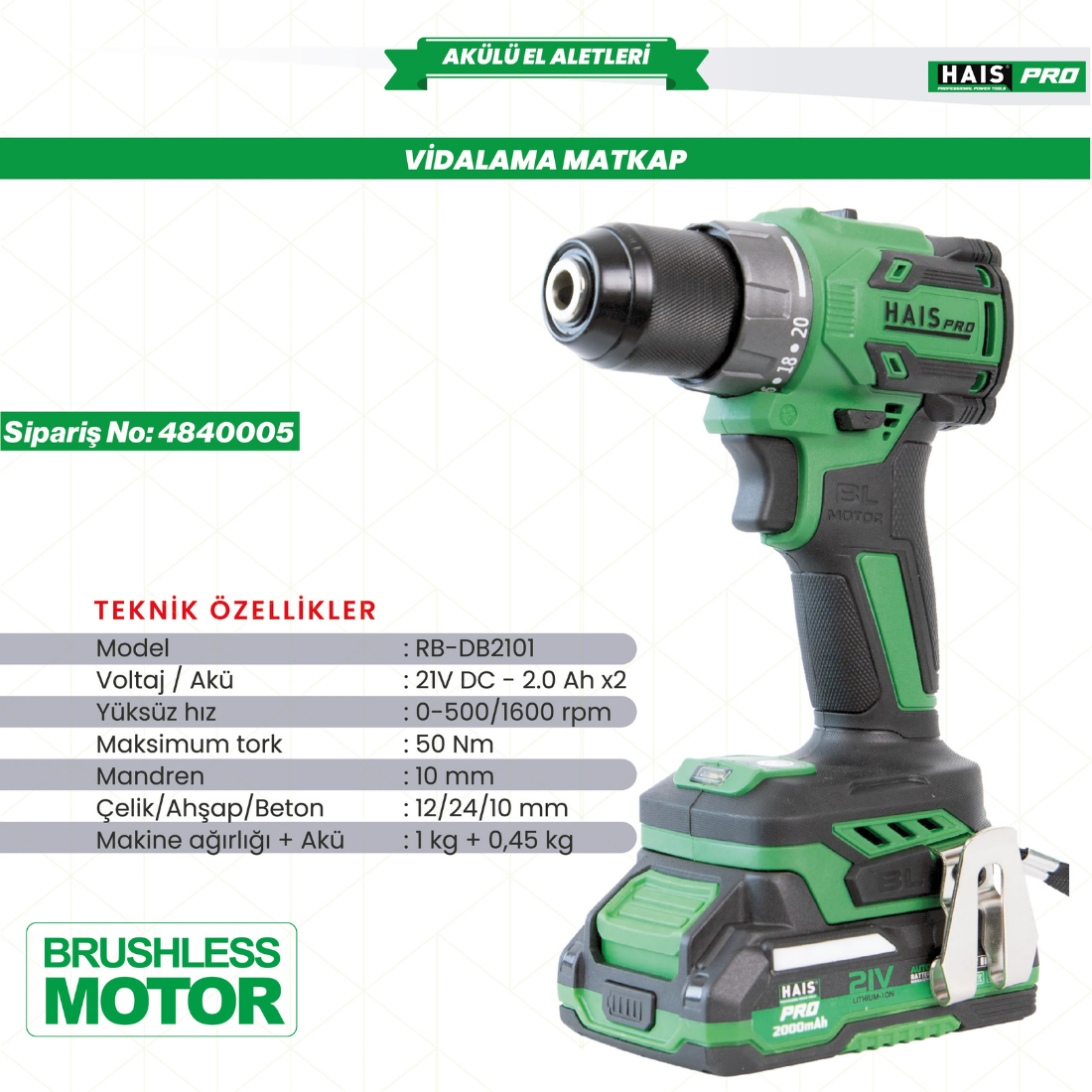 HaisPRO AKÜLÜ VİDALAMA DARBESİZ 21V 2AH RB-DB2101