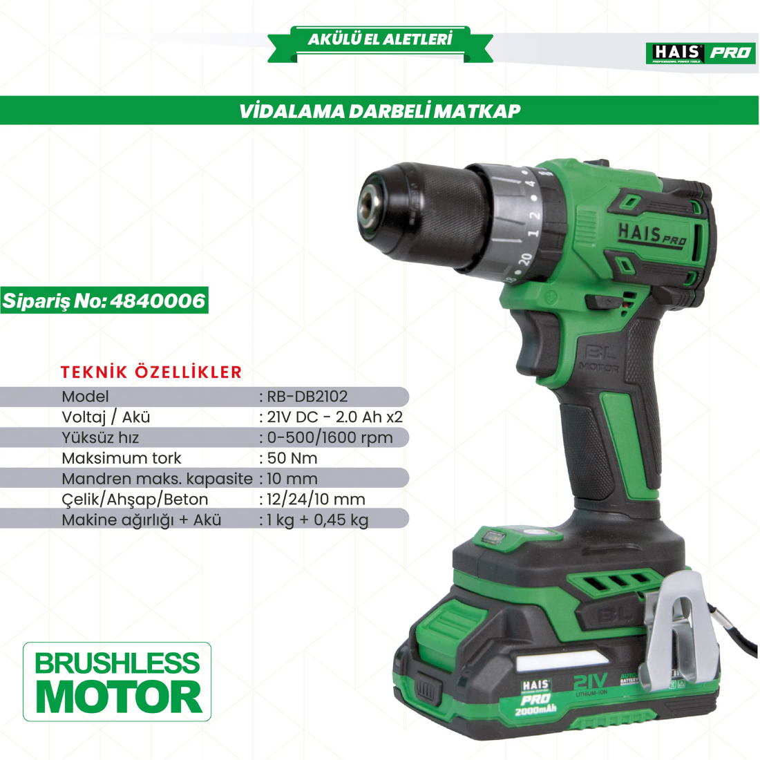 HaisPRO AKÜLÜ VİDALAMA DARBELİ 21V 2AH RB-DB2102