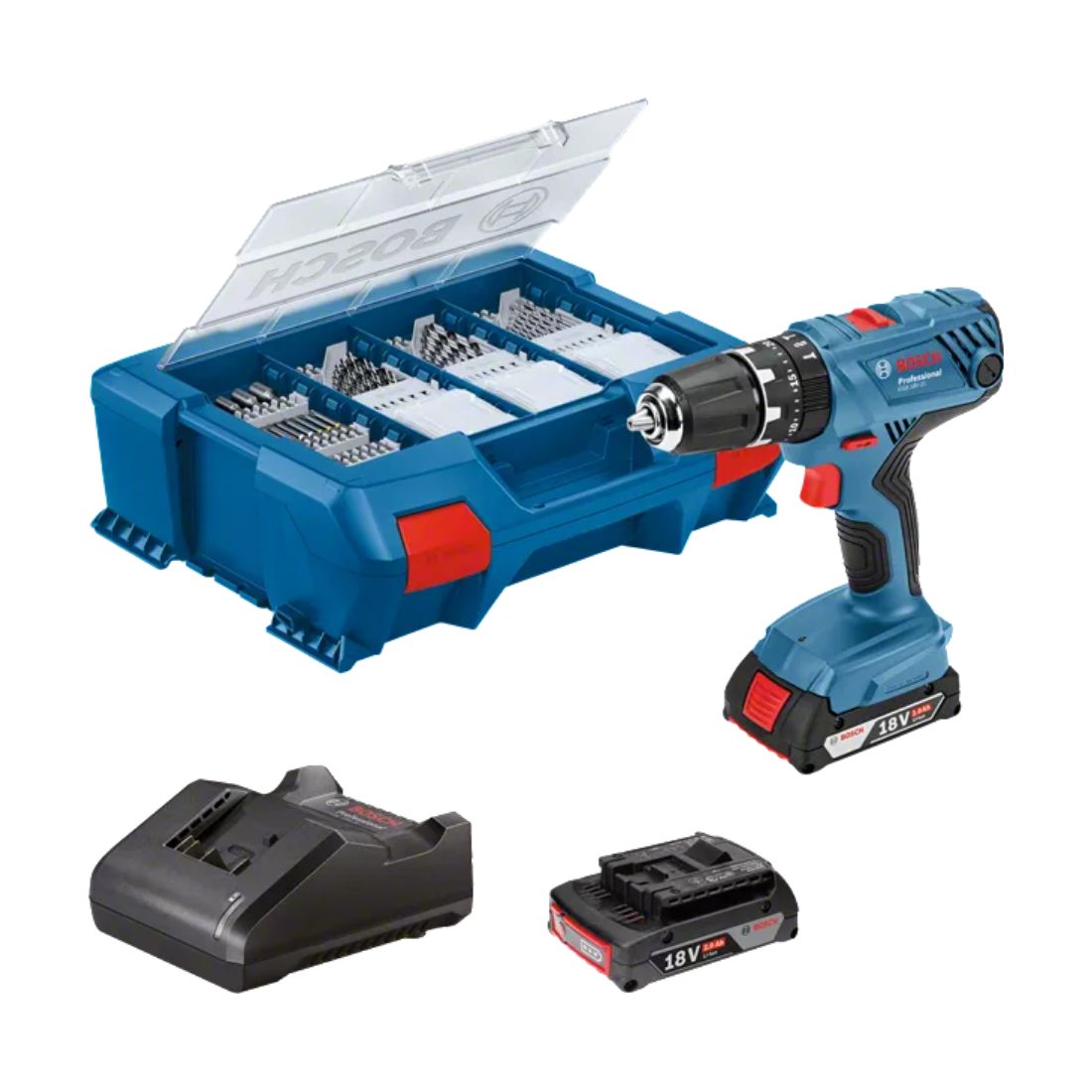 Bosch GSB 18V-21 Akülü Vidalama (2x2.0Ah; L-Boxx) - 63 Parça Aksesuar Seti ile