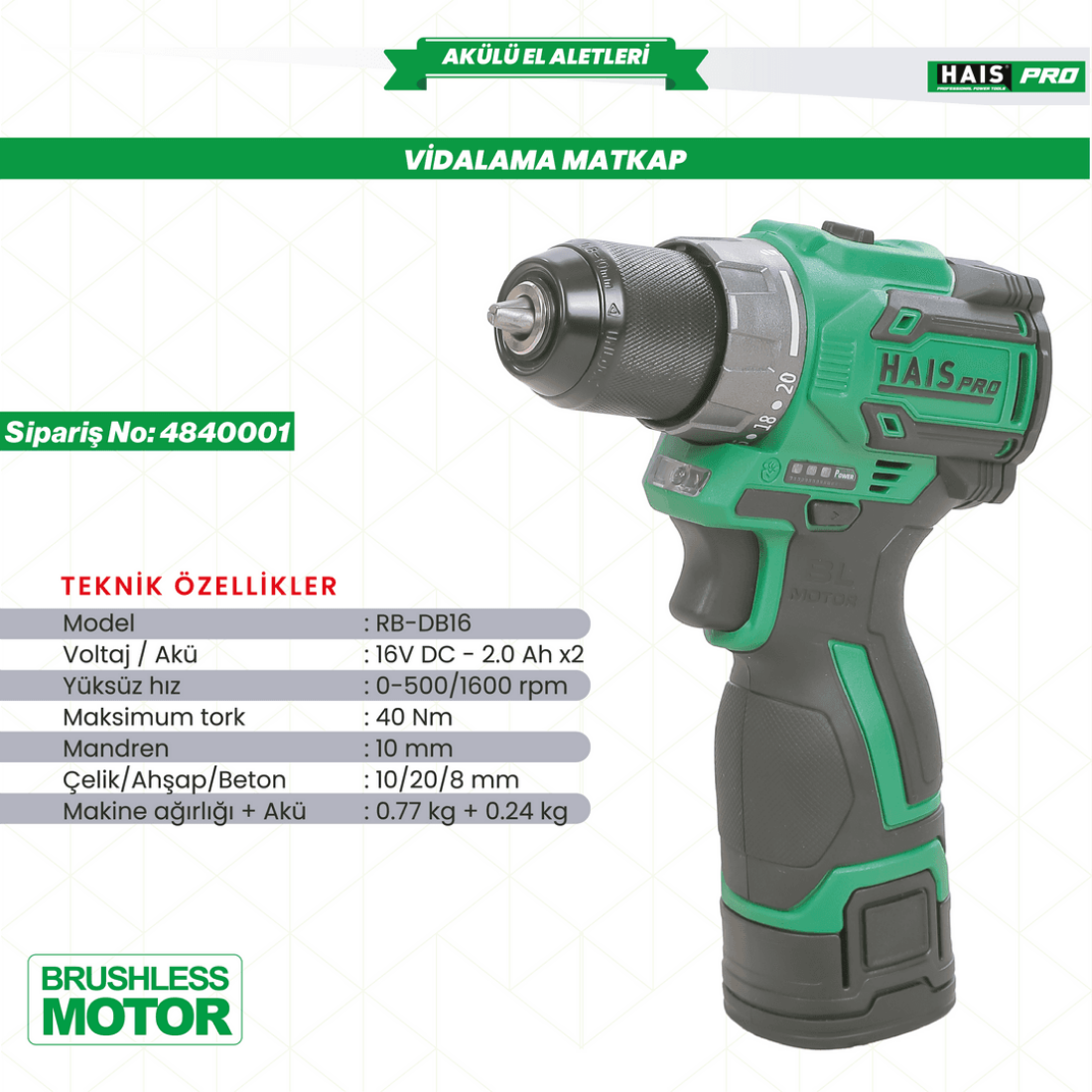 HAİSPRO AKÜLÜ VİDALAMA MATKAP 16V 2.0 Ah. RB-DB16 HAISPRO.4840001