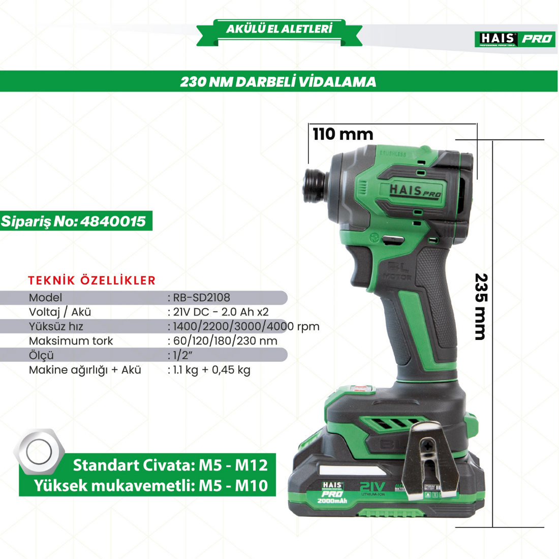 HaisPro RB-SD2108 21 V 2 Ah Çift Akülü Darbeli Vidalama