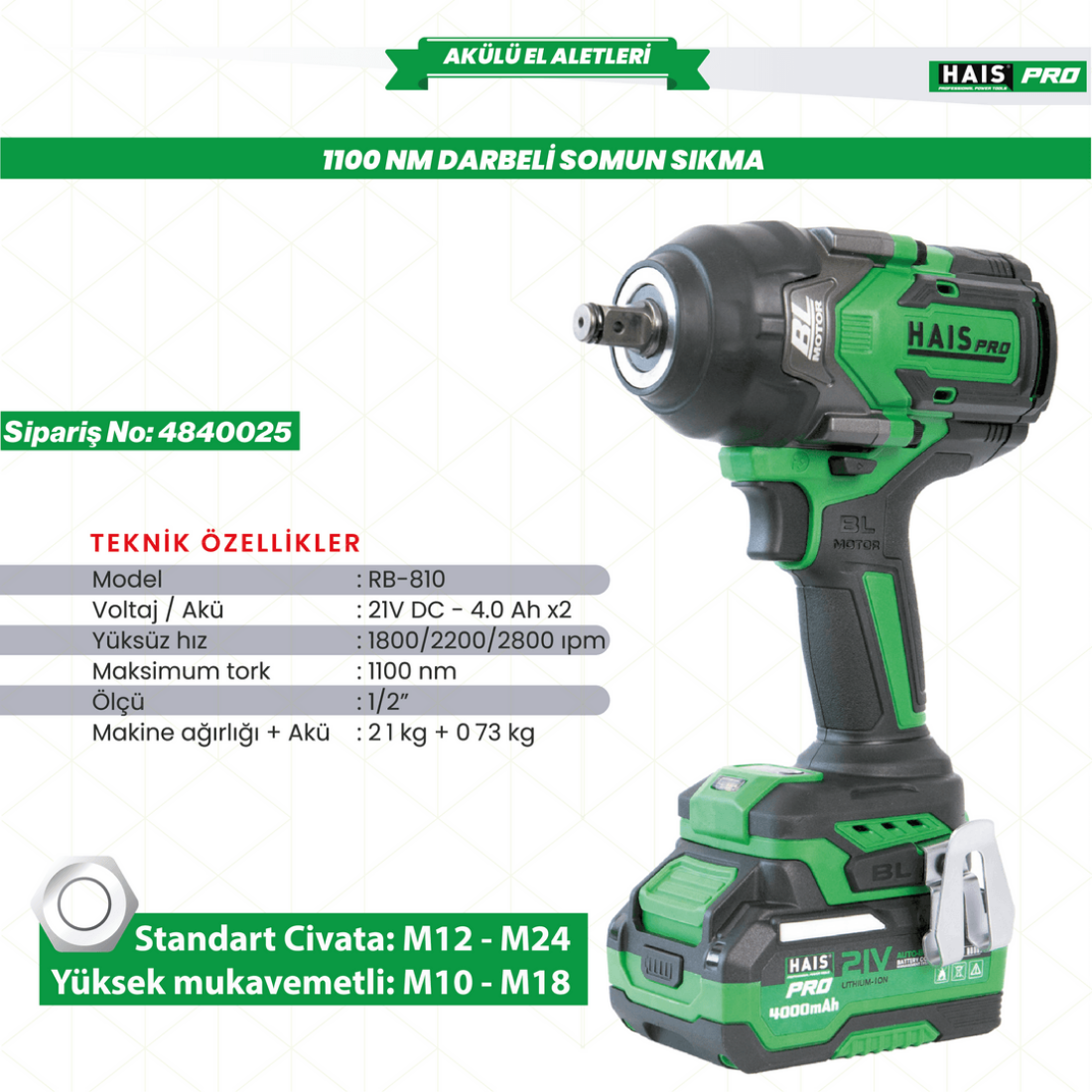 Haispro RB-810 Profesyonel Darbeli Somun Sıkma 1100 Nm 21 V 4.0 Ah