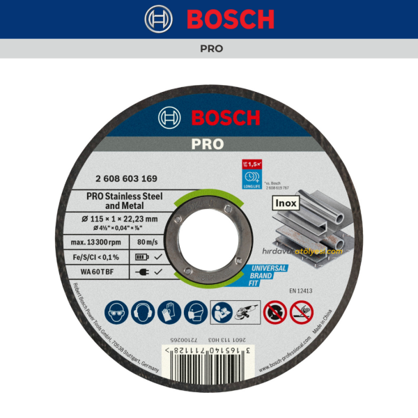 Bosch - 115*1,0 mm Standard Seri Düz Inox (Paslanmaz Çelik) Kesme Diski (Taş) - Rapido