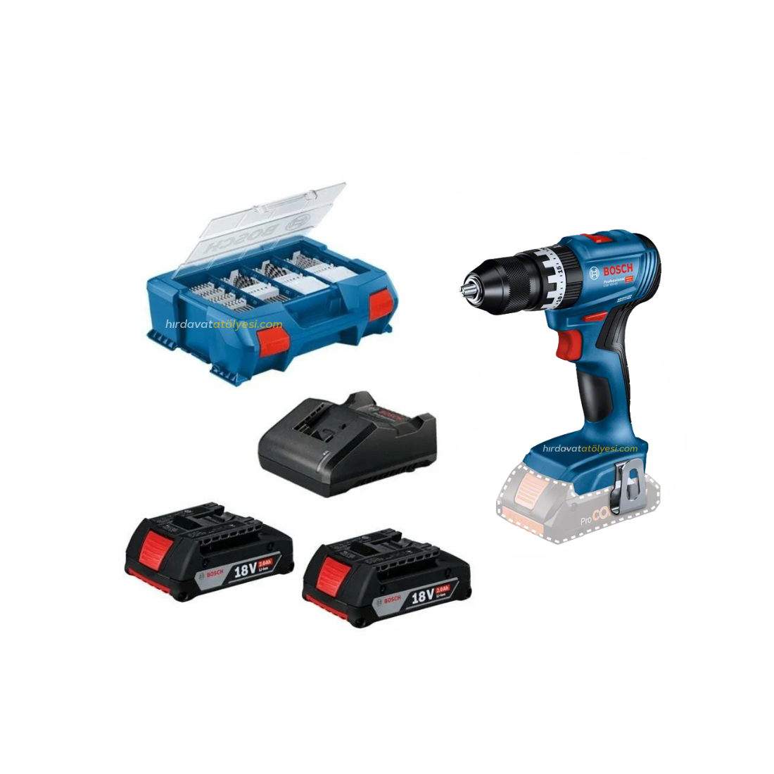 Bosch GSB 18V-45 2x2 Ah. Akülü Darbeli Matkap+63 Prç. Aks. Seti 0615A5007G